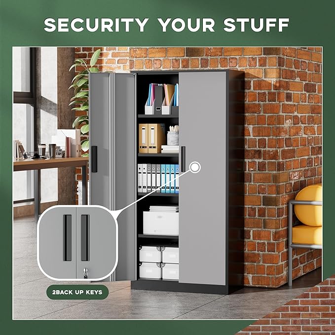 Greenvelly Metal Garage Storage Cabinet, 72" Black Gray Tool Steel Locking Cabinet with Doors and 4 Shelves, Tall Cabinets for Garage Storage Systems Lockable File Cabinet for Home Office,Garage