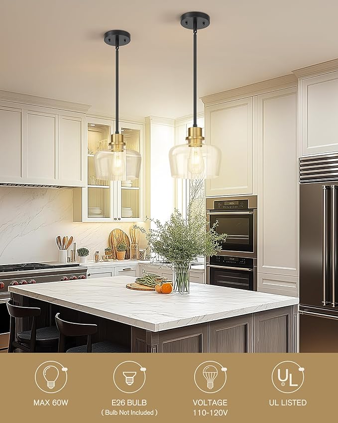 Emak 8 Inch Modern Pendant Lights Kitchen Island, Farmhouse Black and Gold Pendant Light Fixtures with Clear Glass Shade for Kitchen, Bedroom, Dining Room, PL122-BKBGD-CG