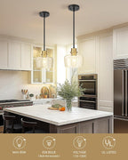 Emak 2 Pack Black Gold Pendant Lights Kitchen Island, Modern 8 Inch Clear Glass Pendant Light, Farmhouse Island Lights for Kitchen, Bathroom, Dining Room, PL122-BKBGD-CG-2PK