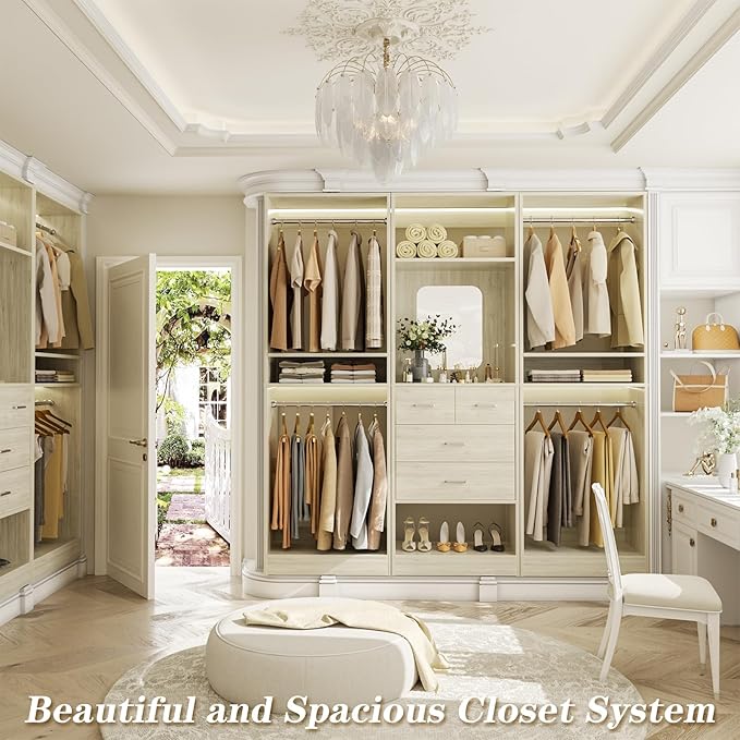 Unikito 75” Closet System with 4 Drawers, 6.3FT Wood Walk in Closet Organizer with Hanging Rods and Mirror, Reversible Large Closet Wardrobe with Shelves, Max Load 2000 LBS, White Oak