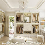 Unikito 75” Closet System with 4 Drawers, 6.3FT Wood Walk in Closet Organizer with Hanging Rods and Mirror, Reversible Large Closet Wardrobe with Shelves, Max Load 2000 LBS, White Oak