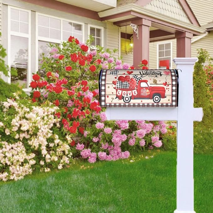 Valentines Day Mailbox Cover Magnetic Standard Size 21 x 18 Inch Love Hearts Red Truck Black White Buffalo Plaid Valentines Decoration Mailbox Cover Romantic Post Box Cover Wraps Garden Yard Decor