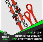 Rhino USA Ratchet Straps Heavy Duty Kit (2-Pack) - 1.6 Inch x 8 Feet (5,208lb Break Strength) - Ultimate Tie Down Straps with Safety S Hooks for Trucks, ATV, UTV, Motorcycle, Cargo & More - Red