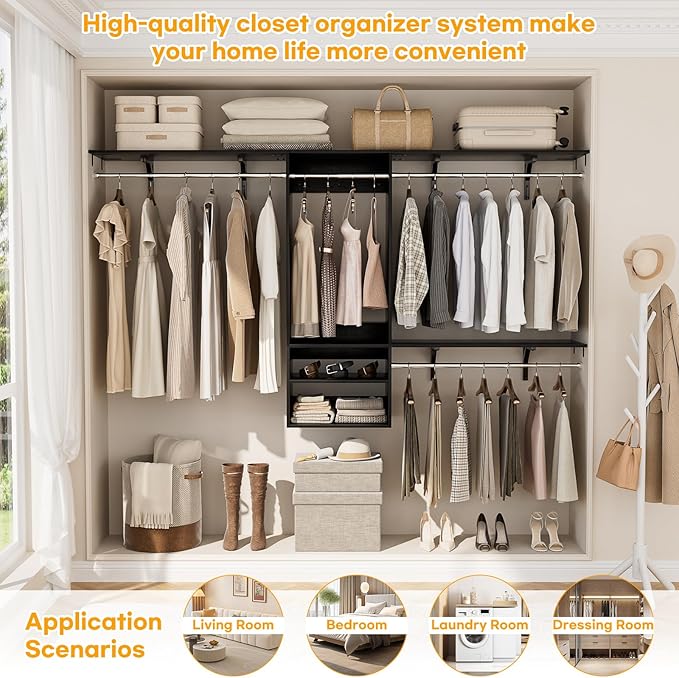 Cyclysio 96 Inch Closet Organizers and Storage, 8 FT Hanging Closet Organizer with 4 Adjustable Rods, Wardrobe Organizers with 3 Shelving Towers for 4-8FT Spaces(Cut-to-Fit), Black