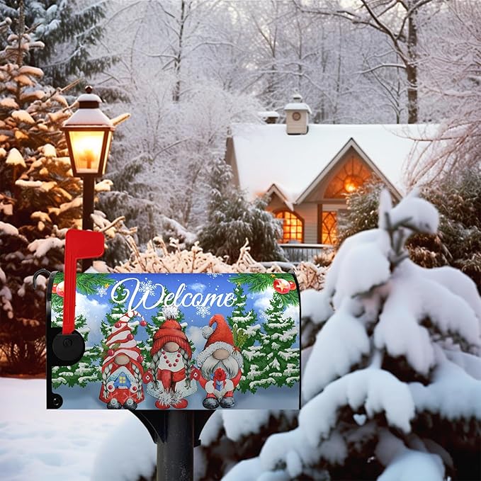 Winter Gnomes Welcome Mailbox Cover Magnetic Standard Size Snow Pine Tree Mailbox Cover Snowflake Post Mailbox Wraps Waterproof Xmas Decor for Yard Garden 18 X 21 Inch
