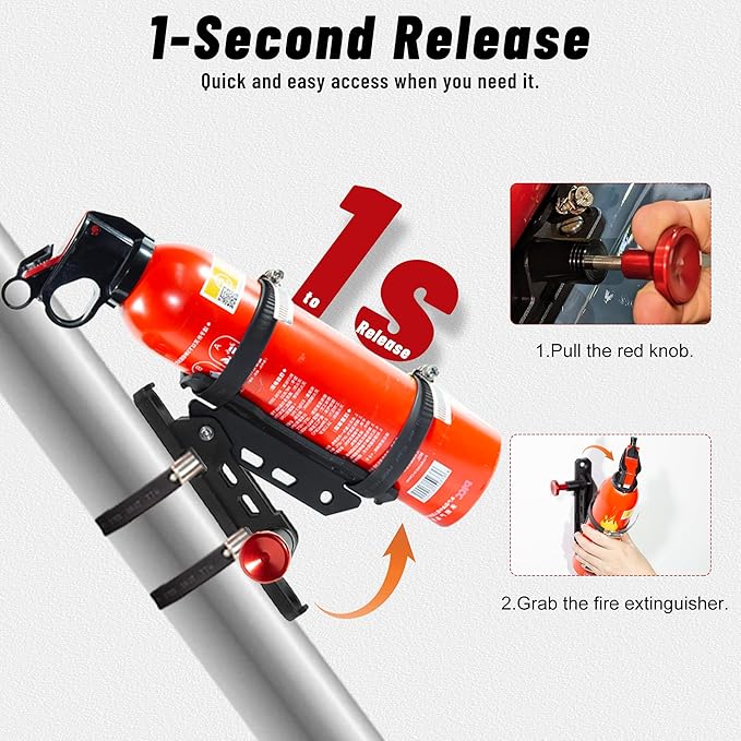 Quick Release Fire Extinguisher Mount - Universal Fit Roll Bar & Wall Mount Bracket, Fire Extinguisher Holder Bracket Adjustable Mounting for UTV ATV Motorcycle Jeep Wrangler Polaris RZR Ranger Can-Am