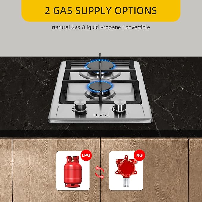 Hothit 2 Burner Propane Gas Cooktop, 12" Inch LPG/NG Dual Fuel Built-in Gas Stove Top, Stainless Steel Electronic Ignition Gas Hob for Apartment, Outdoor, RVs(L12"×W20")…