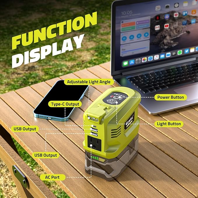 200W Portable Power Inverter Compatible with Ryobi 18V,Ecarke Real 200W Outdoor Generato Battery Converter with 2 USB&LED&AC Battery Powered Outlet,Convert DC 18V to AC 110V Portable Power Station