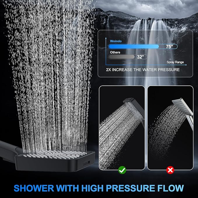 Shower Faucet Set, 10" Wall Mount Rainfall Shower System with 2 Rain Shower Head and Multi-function Handheld Head Push Button Diverter Shower Faucet Trim Kit Matte Black