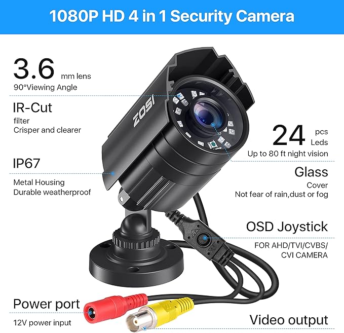 ZOSI 2.0MP 1080P HD 1920TVL Security Camera Hybrid 4-in-1 TVI/CVI/AHD/960H CVBS CCTV Camera Outdoor Indoor,80ft IR Night Vision,Weatherproof Bullet Camera For analog Surveillance DVR(Black)