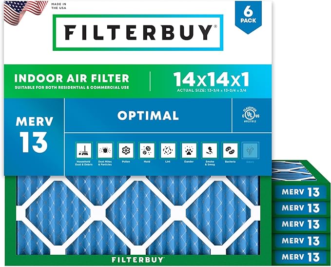 Filterbuy 14x14x1 Air Filter MERV 13 (MPR 1900) Health Defense Replacement (6-Pack), Electrostatic Pleated HVAC AC Furnace Filters, Made in USA (Actual Size: 13.75 x 13.75 x 0.75)