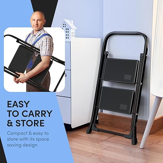 Lifetime Home 2-Step Ladder with Wide Anti-Slip Platform & Thick Rubber Feet - Lightweight Heavy Duty Foldable & Portable - 330 lbs Capacity, Steel Frame, Rubber Handgrip, Folding Step Stool - Black