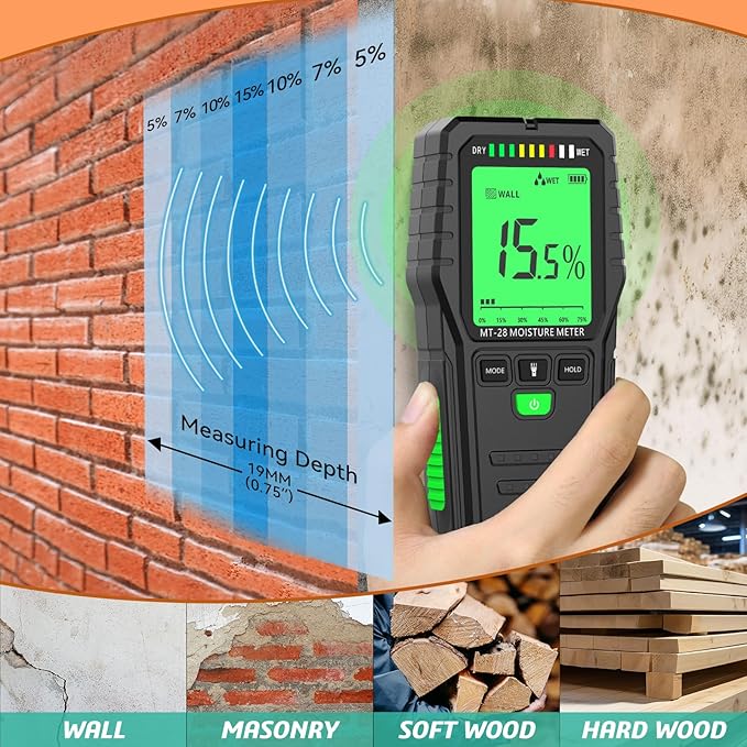 RDINSCOS Pinless Moisture Meter for Leak Detection, Water Damage Detector for Wood, Drywall, Concrete & Building Materials – Easy Calibration, Data Hold, and Flashlight – Moisture Tester for Basement