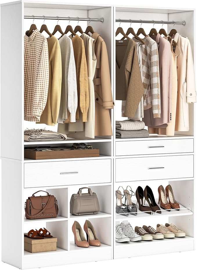 Unikito 50” W x 80'' H Closet Organizer Storage System with 2 Hanging Rod and 2 Wooden Drawers, Adjustable Shoes Rack, 4 Cubby Storage, Walk-in Closet Tower for Bedroom, Mudroom, and Entryway, White