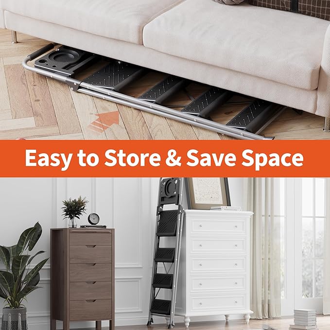 4 Step Ladder, Folding Step Stool with Tool Platform, Wide Anti-Slip Pedal and Anti-Slip Feet, Sturdiest Steel Construction, 900lbs Capacity Steel Ladder, Installation Free, Grey