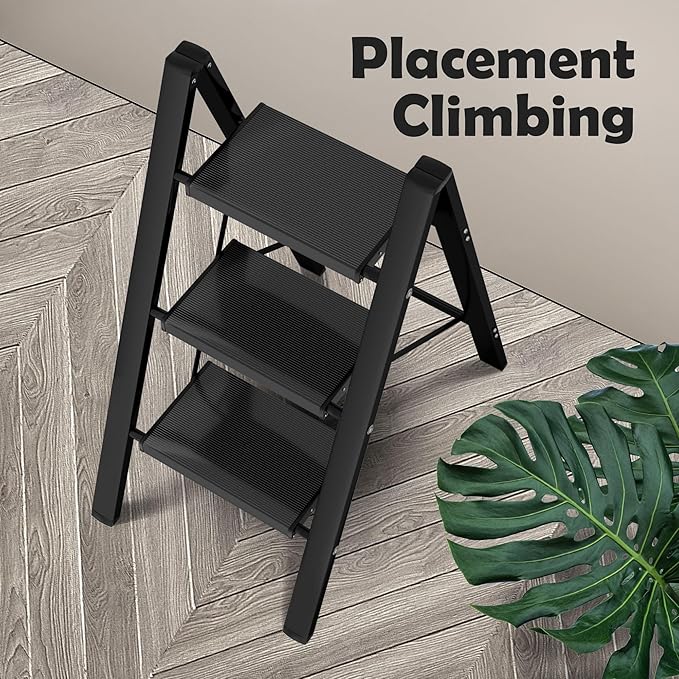 Taranta 3 Step Ladder,Aluminum Lightweight Folding 3 Step Stool with Anti-Slip Wide Pedal,330lbs Capacity Step Ladder for Household,Kitchen,Office - Black