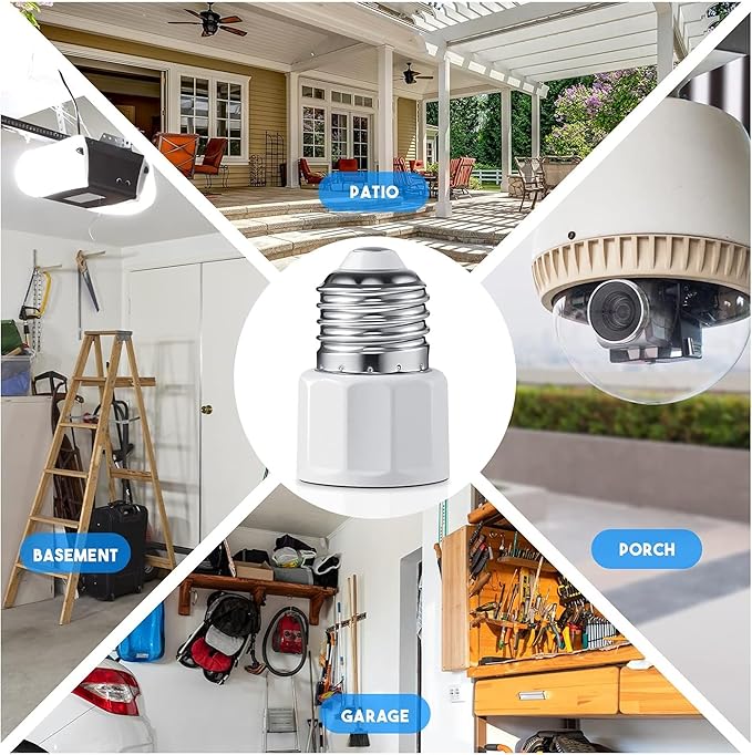 4 Packs E26/ E27 3 Prong Light Bulb Socket Adapter, Polarized Light Socket Outlet, Lights Sockets to Plug Adapter Sockets Converter, Lights Bulb Plug Adapters for Patio, Garage, Porch, White