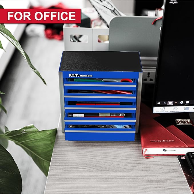 P.I.T. Mini Blue Tool Box, Portable 5-Drawer Micro Roll Cab Steel Stackable Tool Box with Liner, Blue Small Tool Case for Tools Storage and Organizers, Home DIY