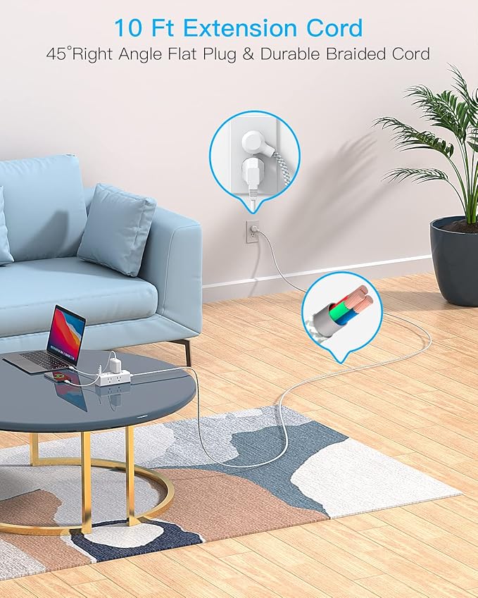 10 Ft Power Strip Surge Protector - One Beat 10ft Extension Cord with 6 Widely Outlets 3 USB Ports (1 USB C), Wall Mount Outlet Extender, Flat Plug Power Strip for Travel Home Office College Dorm Room