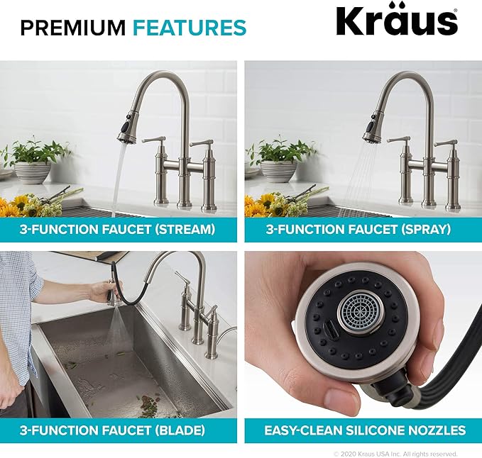 KRAUS Allyn Transitional Bridge Kitchen Faucet with Pull-Down Sprayhead in Spot Free Stainless Steel, KPF-3121SFS