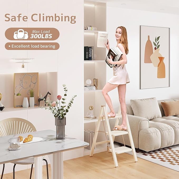 GameGem 3 Step Ladder Folding Step Stool with Wide Anti-Slip Pedal, 330LBS Capacity, Lightweight Portable Stepladder for Home and Kitchen Use, Cream Chocolate