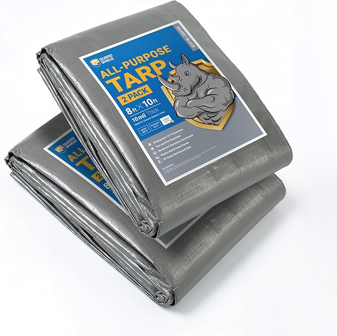 GUARD SHIELD Tarps Heavy Duty Waterproof 8x10 Feet Silver/Black Poly Tarp Cover Outdoor Thick UV Resistant Tarpaulin with Grommets 10mil (2-Pack)