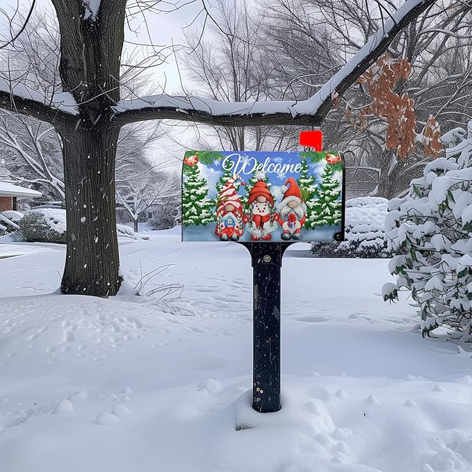 Winter Gnome Welcome Mailbox Covers Magnetic Lrage Size Pine Tree Mailbox Post Cover Snowflake Mailbox Wraps Oversized Waterproof Xmas Decor for Yard Garden 21 X 25.5 Inch