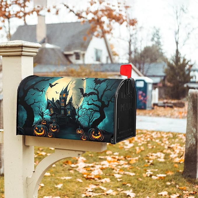 Halloween Mailbox Covers Magnetic Spooky Pumpkin Castle Bat Scary Night Happy Halloween Seasonal Holiday Post Letter Box Cover Standard Size 25.5x21 Inch for Garden Yard Decor