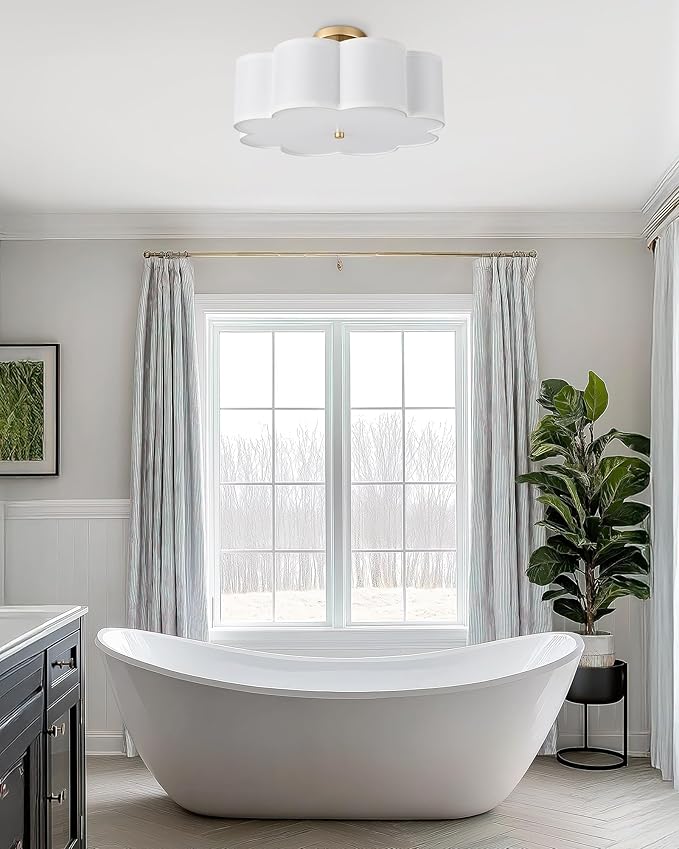 Gold Semi Flush Mount Ceiling Lights, 4-Light 18" Ceiling Light Fixtures with Fabric Shade in Flower Shape, Farmhouse Brass Drum Lighting for Nursery Bedroom Kitchen, AD-22009-4SF-GD