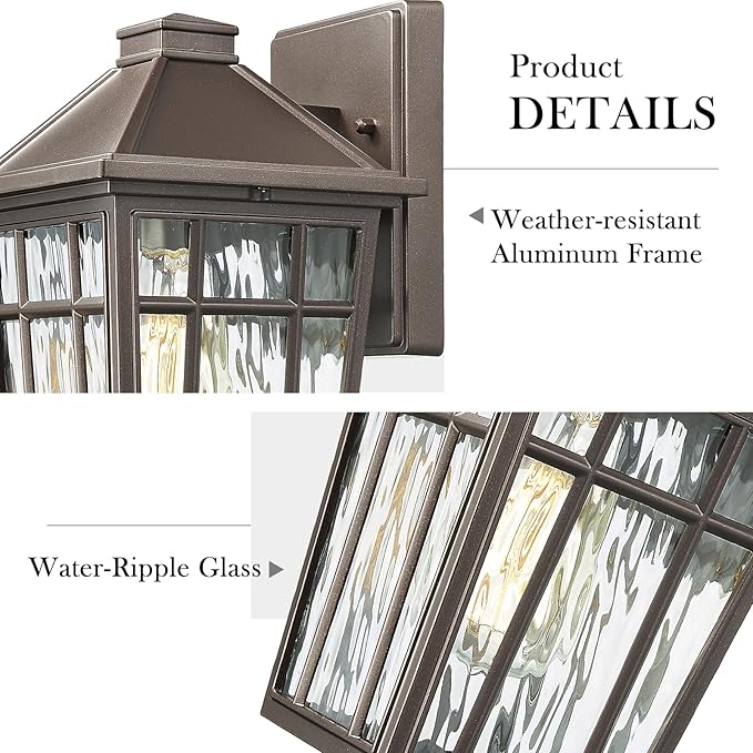 Darkaway Outdoor Sconce Lights Wall Light Fixtures, Exterior Porch Light Outdoor Sconce Anti-Rust Waterproof Aluminum Outside Light with Water Ripple Glass for Patio Yard Doorway Garage