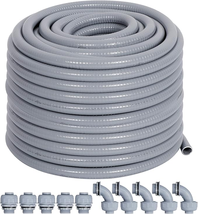 Liquid-Tight Conduit 100 ft and 10 Pieces of Connector Kit, Electrical Conduit 3/4 100ft w/UL Certification, Flexible Conduit with 5 Straight and 5 90-Degree Conduit Connector Fittings