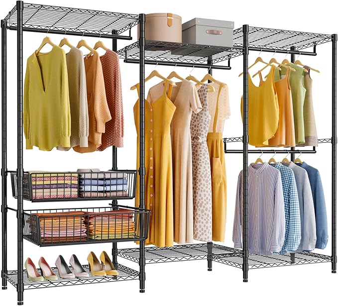 VIPEK V10 Medium Wire Garment Rack Heavy Duty Clothes Rack, Freestanding Closet Wardrobe Metal Clothing Rack with 2 Slid Baskets, 56.7" L x 15.7" W x 76.4" H, Max Load 720lbs, Black