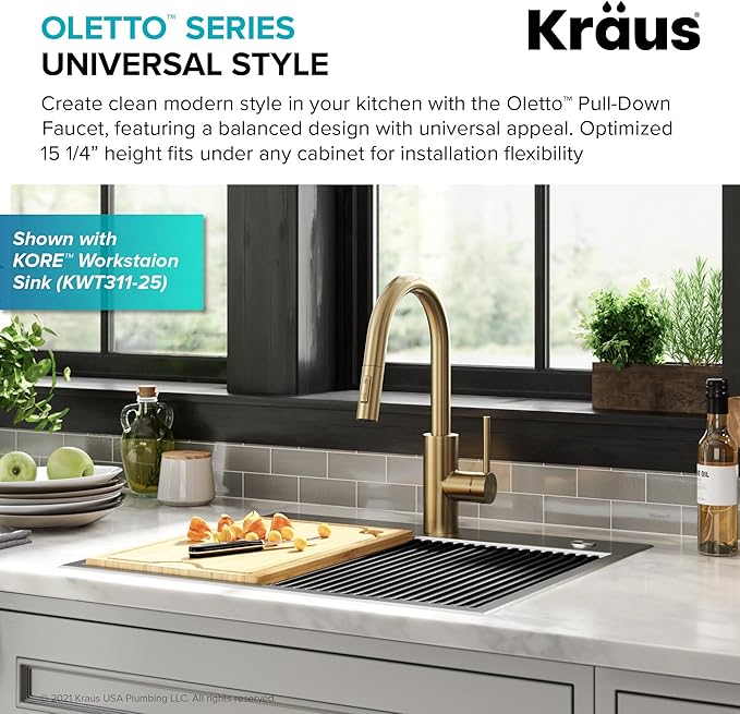 KRAUS Oletto Single Handle Pull Down Kitchen Faucet with QuickDock Top Mount Installation Assembly in Spot Free Antique Champagne Bronze, KPF-2620SFACB