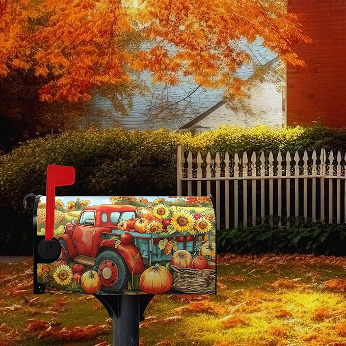 Fall Autumn Pumpkins Mailbox Covers Magnetic Large Size 25.5 X 21 Inch Autumn Harvest Yellow Sunflower Mailbox Wraps Cover Red Truck Thanksgiving Letterbox Cover for Garden Yard Outdoor Decor