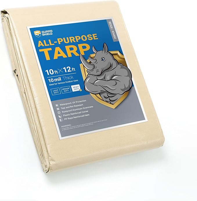 GUARD SHIELD Beige Tarp Heavy Duty Waterproof 10x12 Feet Outdoor Poly Tarps Cover Thick UV Resistant Canopy Tarpaulin with Grommets 10mil