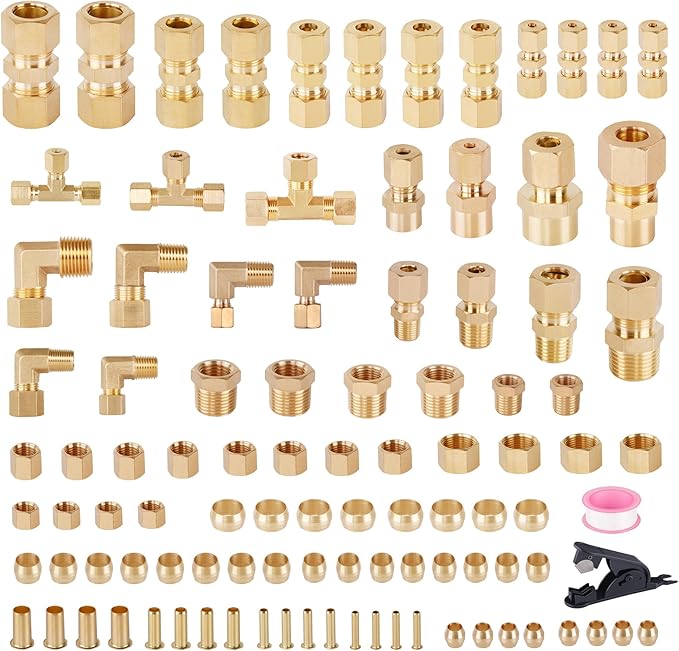 101Pcs Brass Compression Tube Pipe Fittings, Air Nylon Tubing Fittings Assortment Kits 1/4" 1/8" 3/8" 1/2" 5/8" Union/Tee/Elbow/Straight Connector for Industrial Use or Trucks Trailers