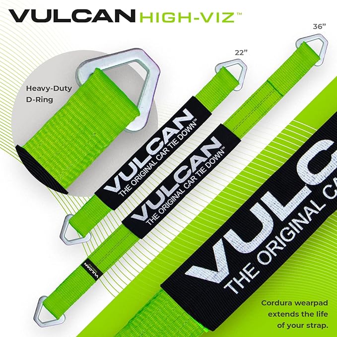 Vulcan Complete Axle Tie Down Kit - High-Viz - Includes 4x 22" & 36" Axle Straps, 4x 15' Wire J Hook Ratchet Straps