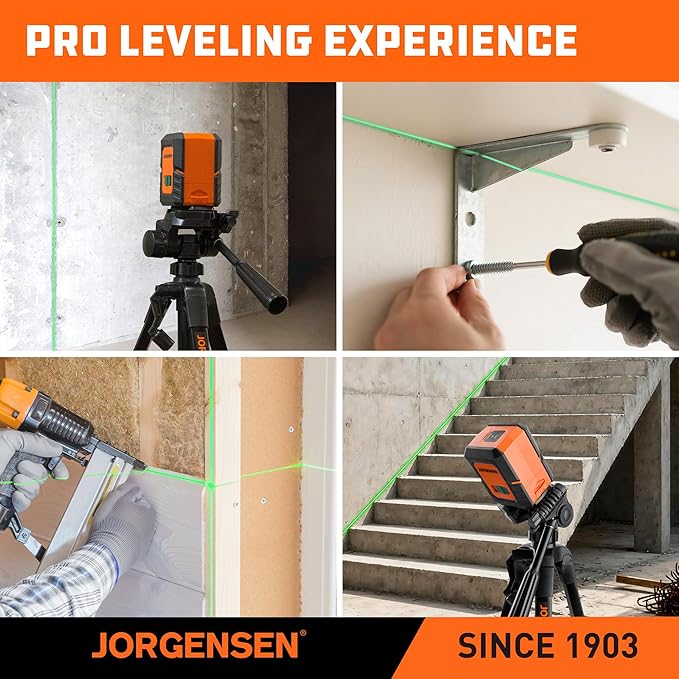JORGENSEN Laser Level with Tripod, 100 FT Dual Modules Self Leveling Cross Line Laser Leveler Tool with 360° Magnetic Base, Green Laser Level for Picture Hanging, Tile, Home Renovation, Indoor Project