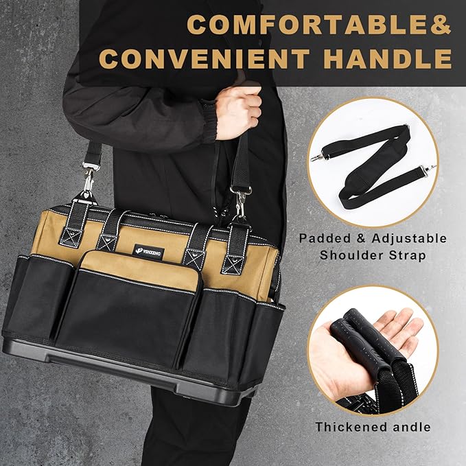 20 IN Large Tool Bag For Men Heavy Duty, Drill Bag Tool Bag Organizer, Wide Mouth Waterproof Hard Bottom Multiple Pockets Tool Tote, Tool Caddy, Maintenance
