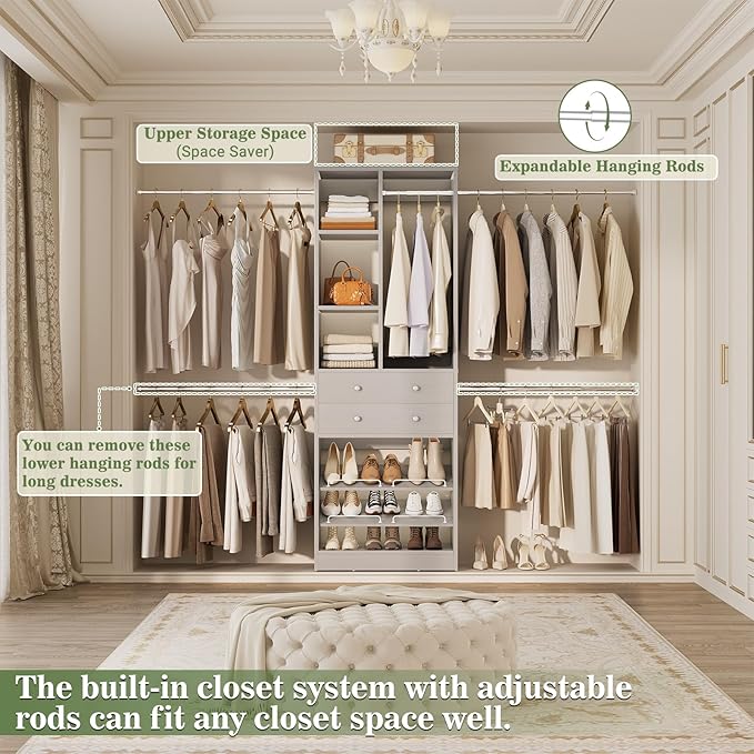 Closet System, 4.2–8.8 FT Closet Organizer with 2 Wooden Drawers and Shelves, Walk-in Closet System with 5 Hang Rods, Built-in Reach in Closet Tower, Can Fit 60 to 96 inch, Morandi Grey
