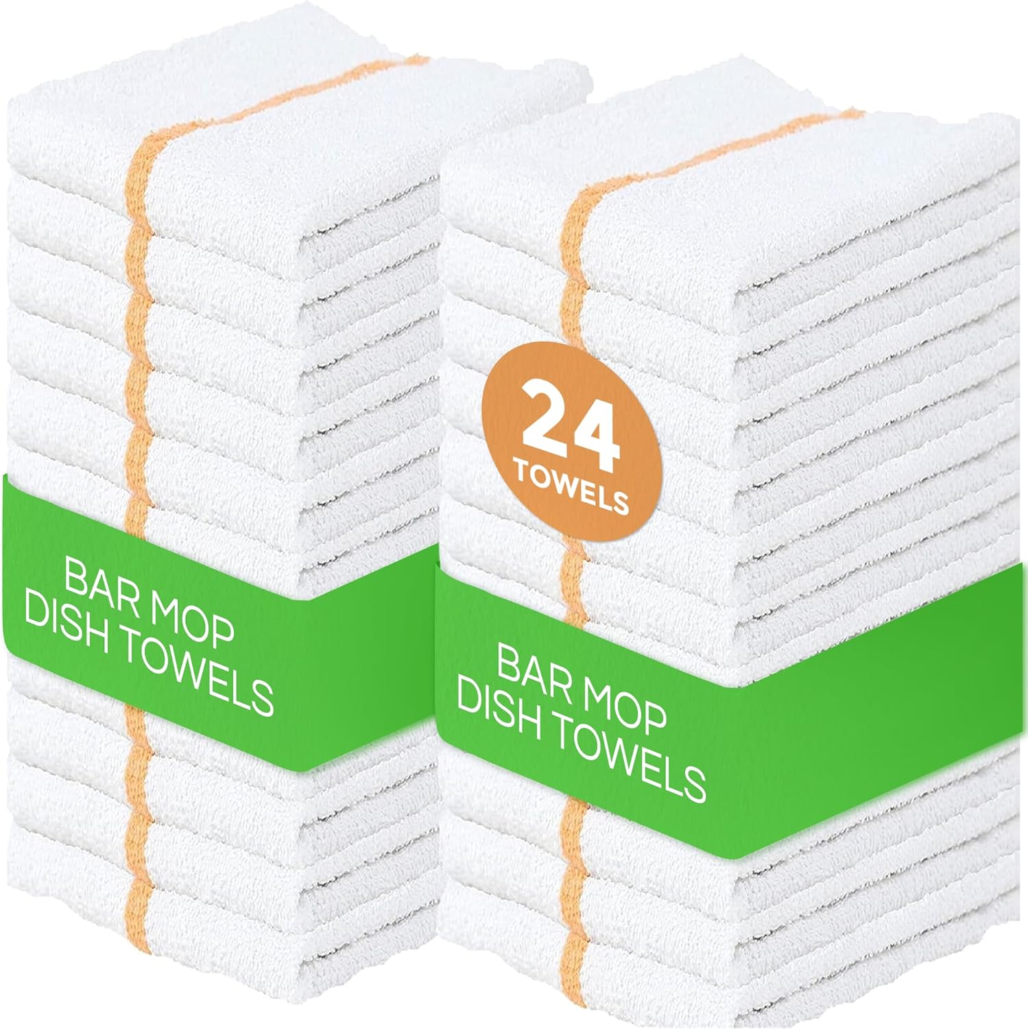 Towels N More 24 Pack 16x19 Bar Mop High Absorbent Cotton Reusable Kitchen Towels- Quick Dry for Chef, Cook, Home, Restaurant, Bar Glass Cleaning (24, Gold Stripe)