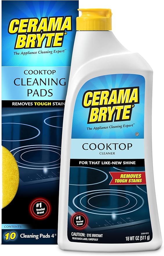 Cerama Bryte Glass Cooktop Cleaner Bundle with 10 Cleaning Pads for Removal of Tough Stains, Stovetop Cleaner for Glass - Ceramic Surfaces, 18 Ounces, 11 Piece