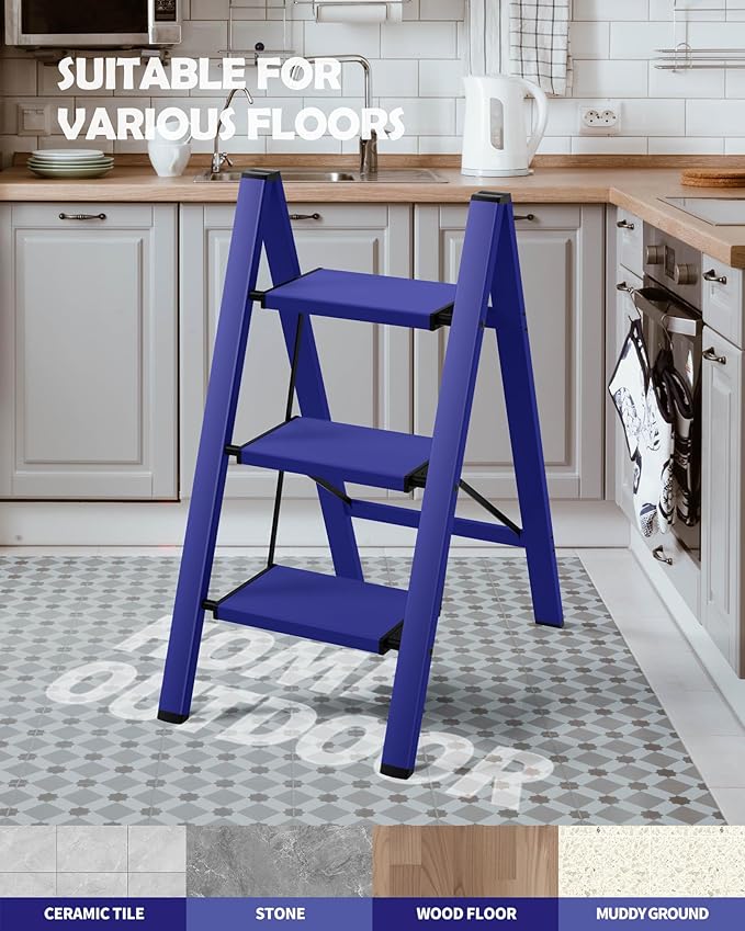 Taranta 3 Step Ladder,Aluminum Lightweight Folding 3 Step Stool with Anti-Slip Wide Pedal,330lbs Capacity Step Ladder for Household,Kitchen,Office - Blue