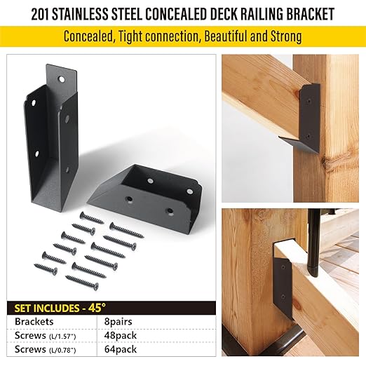 201 Stainless Steel 2" x 4" (1 ½" x 3 ½" Actual) Deck Railing 45° Stair Connectors, for Deck Railing Stair Handrail Connection Installation Deck Railing Bracket (8 Pair-Black)