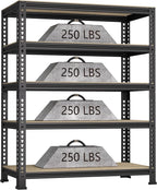 5-Shelf Heavy Duty Shelving - Adjustable Garage Storage Shelves, Metal Utility Storage Racks for Warehouse Pantry Basement Kitchen, Garage Organizers Shelf Unit, Black