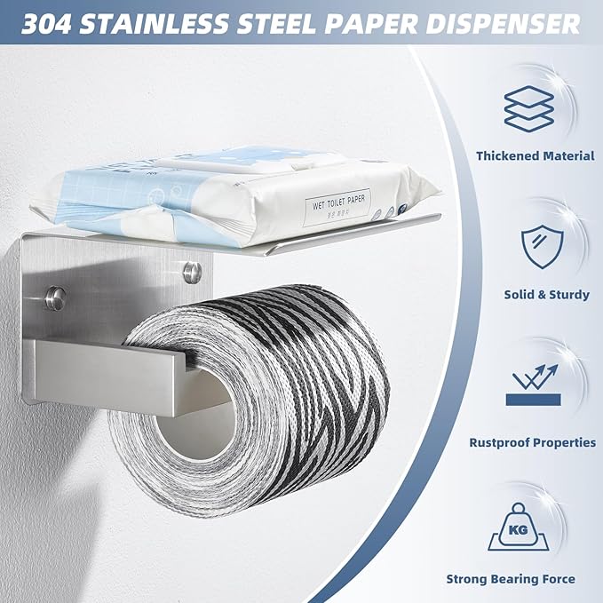 APLusee Brushed Nickel Toilet Paper Holder with Phone Shelf, 304 Stainless Steel Toilet Tissue Roll Holder, Wall Mounted Bathroom Paper Roll Dispenser