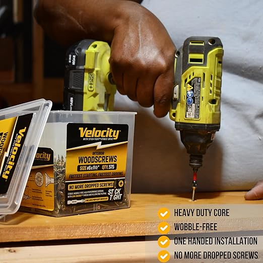 Velocity Interior 1 1/2 Wood Screws Contractor Pack (Size #10, 425 Pcs) – Self Tapping Screws with Phillips bits, Stick Tight Technology, Carbon Steel with Zinc Plating, Durable Storage Organizer