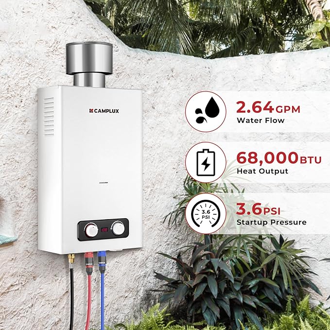 CAMPLUX 2.64 GPM Portable Tankless Water Heater, Outdoor Propane Water Heater with 4.33" S/S Rain Cap, for Camping, Cabin, Windproof Design, 68,000 BTU, BD264C