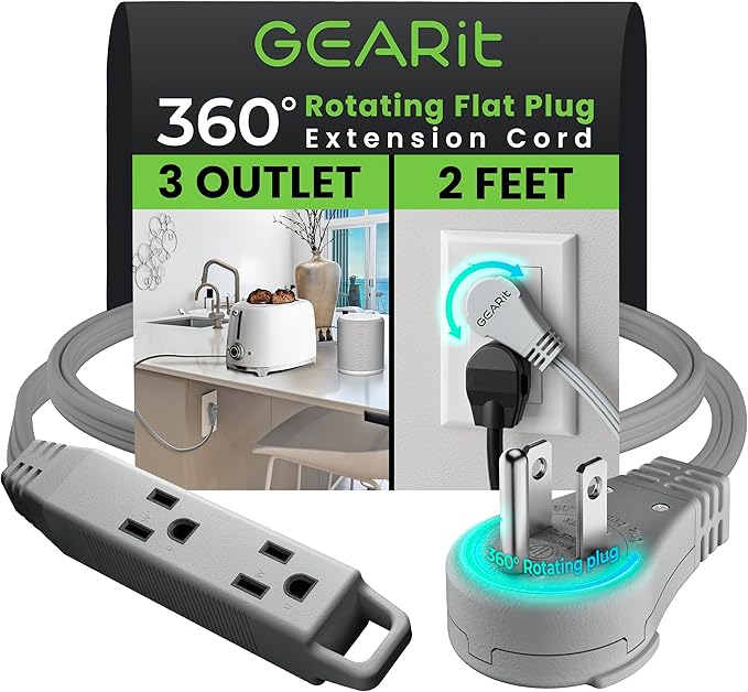 GEARit 360 Rotating Flat Plug Short Extension Cord with 3 Outlets (2ft, Gray) 16AWG/13A 3 Prong Wire, Outlet Saver for Home Office Dorm Room Essentials, ETL Certified