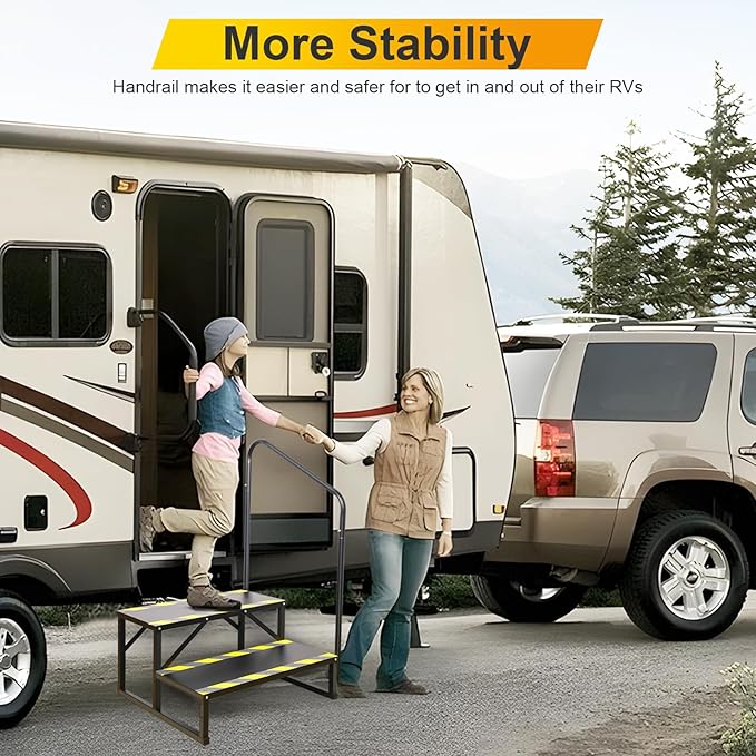 RV Steps with Handrail, Hot Tub 2 Steps with Handrail, Portable Stairs Steps for 5th Wheel RV, Mobile Home Stairs Outdoor RV Step Ladder for Camper and Porch with Non Slip Assist Handrail